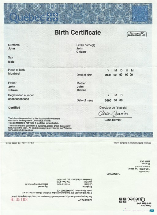 Download Canada Quebec Birth Certificate template in PSD Photoshop template
